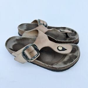 Birkenstock Gizeh Leather Thong Sandal Camo Buckle 37 Size 6.5 Tan Beige